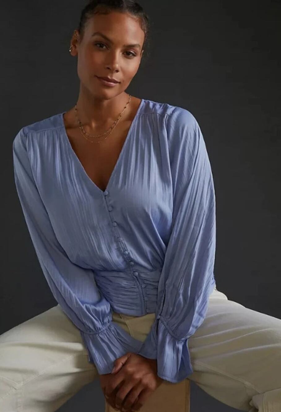 Anthropologie Periwinkle Ruched Button Front Blouse Top XS
